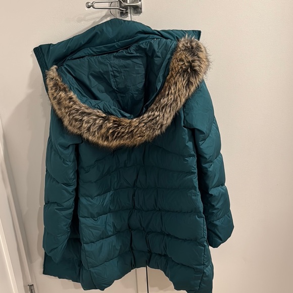 Lands' End Teal Puffer Coat with Faux Fur Hood - Picture 3 of 3